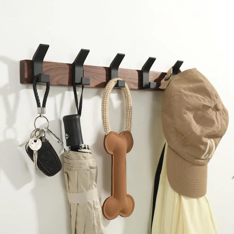 Wall Mount Coat Rack With Five Hooks 16.9 Inch Walnut Wood And Aluminum Built To Last Rustproof Coat Hanger Angled 45 Degree Design For Easy Hanging Of Coats Hats Bags Keys Modern Black Finish shown with hanging items