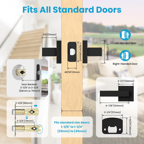 Diagram showing 8 Pack Matte Black Passage Door Handles Square Heavy Duty Interior Door Knobs Non Locking Handlesets dimensions for standard doors.