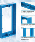 Six Pack Half Inch Single Gang Receptacle Box Extenders With Twelve Screws For Electric Boxes And Outlets That Stop Dents And Blend Into Any Wall Blue, showing blue ABS material and structure.