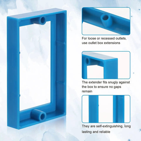 Six Pack Half Inch Single Gang Receptacle Box Extenders With Twelve Screws For Electric Boxes And Outlets That Stop Dents And Blend Into Any Wall Blue, showing blue ABS material and structure.
