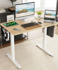 Straight Up Slick Electric Standing Desk With Adjustable Height Motorized Sit Stand Home Office Workstation featuring wood top and white metal frame.