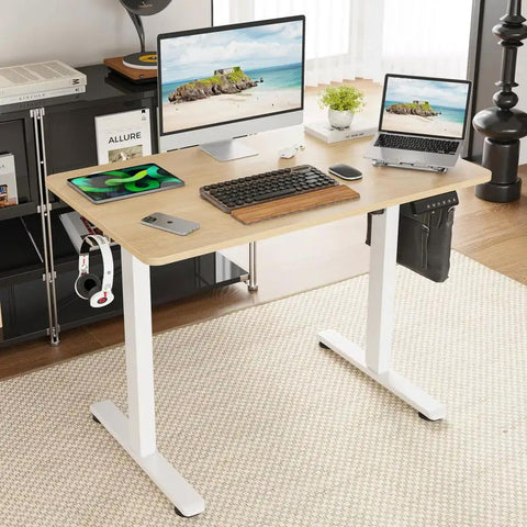 Straight Up Slick Electric Standing Desk With Adjustable Height Motorized Sit Stand Home Office Workstation featuring wood top and white metal frame.