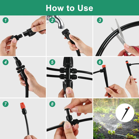 Step-by-step setup of All In One Drip Irrigation Kit With 234 Feet Of One Quarter Inch Tubing 87 Quick Connectors And Drip Emitters