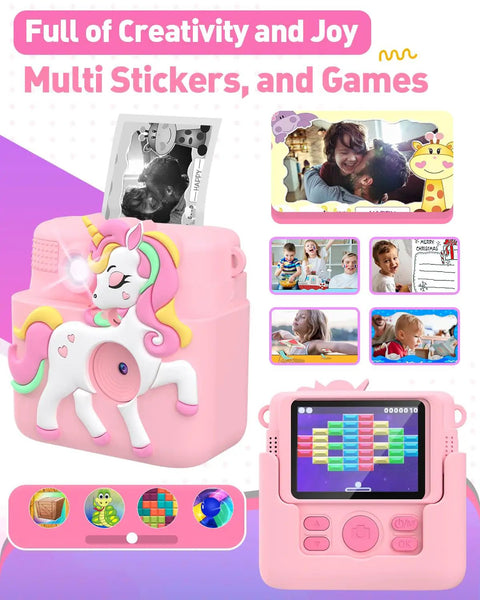 Kids Instant Print Camera Awesome Toy, 1080P HD Digital Camera For Girls Ages 3-8, 8MP Photos And Instant Black And White Prints, Easy Beginner Camera For Creative Play And School Projects, pink unicorn design