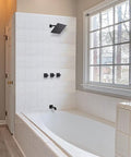 Matte Black 3 Handle Tub And Shower Faucet Set With Rainfall 8 Inch Shower Head Waterfall Tub Spout And Valve Trim Kit installed