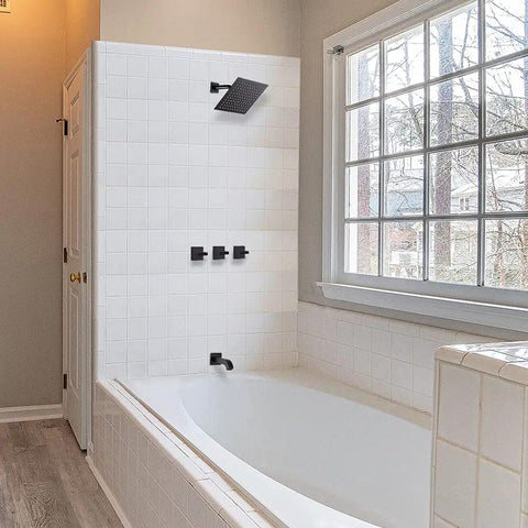 Matte Black 3 Handle Tub And Shower Faucet Set With Rainfall 8 Inch Shower Head Waterfall Tub Spout And Valve Trim Kit installed