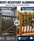 Comparison of rust-prone iron railing and rust-resistant 32 and a quarter inch black curved aluminum deck balusters 25 pack.