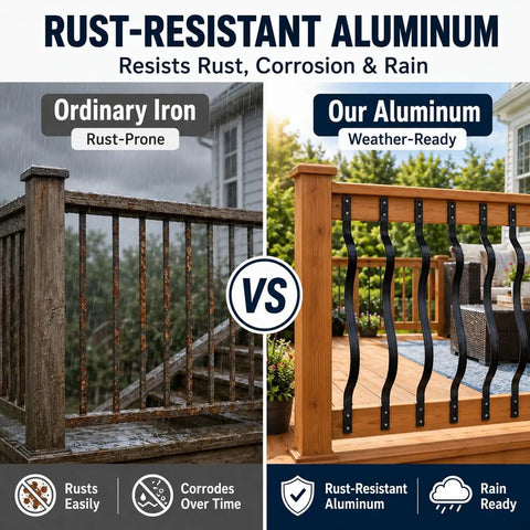 Comparison of rust-prone iron railing and rust-resistant 32 and a quarter inch black curved aluminum deck balusters 25 pack.