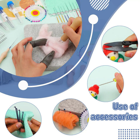 Hands crafting with Felting Kit for DIYers and Crafters Includes 6x6 Felt Pad, 40 Assorted Needles, various tools shown.
