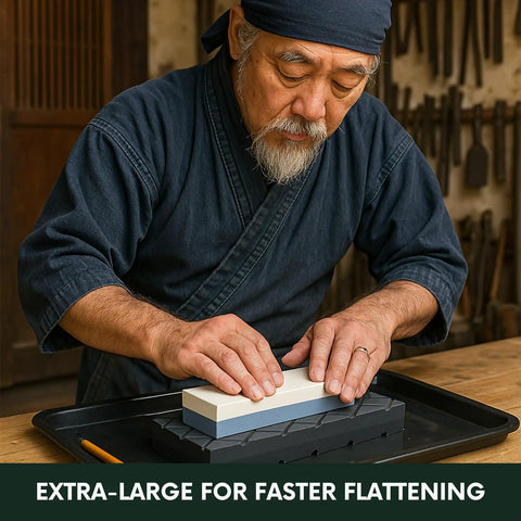 Person using Dual Grit Diamond Whetstone Flattening Stone For Coarse And Fine Surfaces on sharpening stone in workshop