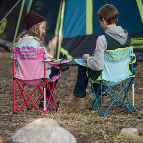 Kids Glow In The Dark Camping Chair With Cup Holder And Carry Bag Portable Outdoor Folding Seat For Children in use at campsite