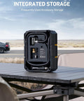 Portable 12V Digital Tire Inflator with Auto Shutoff, shown with integrated storage on outdoor table