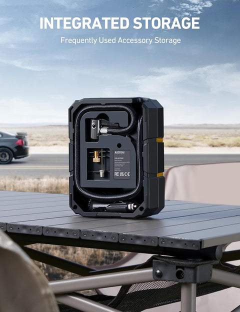 Portable 12V Digital Tire Inflator with Auto Shutoff, shown with integrated storage on outdoor table
