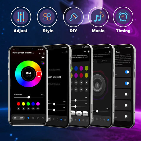 Bluetooth app interface for 50ft Outdoor LED Strip Lights Waterproof IP68 RGB With Button And Bluetooth App Control, Music Sync, Timer