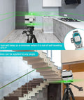 Self Leveling 4D Laser Level With 4X 360 Cross Lines Green Beam 197 Ft Range showing use in kitchen and stair alignment