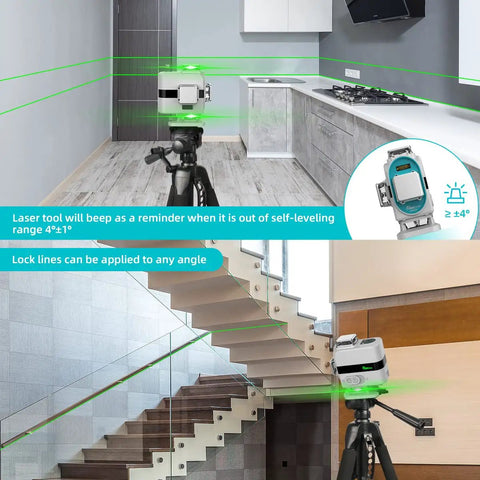 Self Leveling 4D Laser Level With 4X 360 Cross Lines Green Beam 197 Ft Range showing use in kitchen and stair alignment