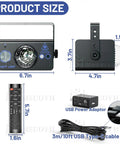 Dimensions of Party Lights And Disco Ball 2 In 1 RGB Color Changing Stage Lighting with remote, adapter, and Type-C cable.