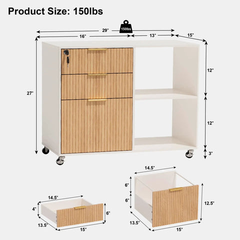 Smooth Rolling Three Drawer Lateral Filing Cabinet With Secure Locks And Sleek Fluted Finish dimensions, solid oak design, mobile desk organizer.