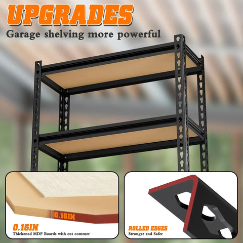 Beefy Heavy Duty Five Tier Metal Storage Shelving Unit with MDF boards and rolled edges for kitchen, garage, laundry room.