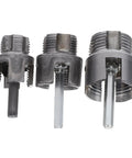 Three different sizes of drill-mounted pipe thread cutters for 1/2, 3/4, and 1 inch pipes from the Awesome Electric Pipe Thread Cutter Kit For PvC & Metal.