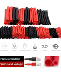 Assorted black and red 270 Piece 3 To 1 Dual Wall Adhesive Heat Shrink Tubing Kit With Six Sizes From One Sixteenth To One Quarter Inch