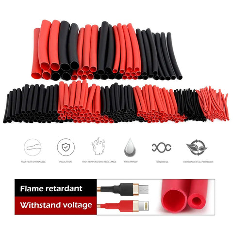 Assorted black and red 270 Piece 3 To 1 Dual Wall Adhesive Heat Shrink Tubing Kit With Six Sizes From One Sixteenth To One Quarter Inch