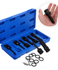 Blue plastic case with eight black 1/2-inch hex-drive impact sockets and sleeve adapters