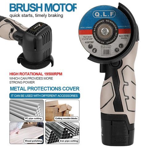 ZFULVO cordless brush angle grinder kit with two 16.8V 2000mAh batteries and 5-cutting discs, front view