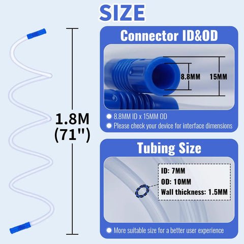 Diagram showing 3-Piece 71 Inch Vacuum Suction Hose Set with size details and connector dimensions for home, garage, shop use.