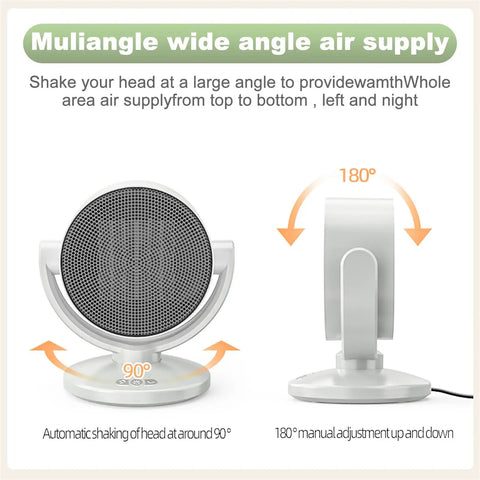 Electric Space Heater And 2 In 1 Fan Combo 1200W Portable Desk Heater with PTC Ceramic 3 Speed Settings and Auto Swing Head in motion.