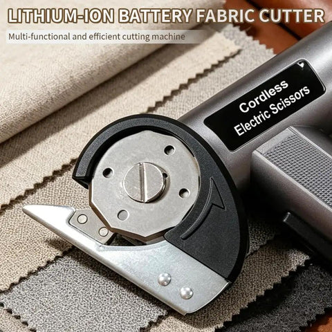 Heavy Duty Cordless Electric Scissors With Led Display And Type C Charging, cutting metal blade with fabric swatches.