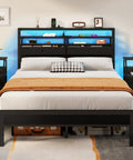 Kick Back With This Legit Sturdy Full Size Bed Frame Featuring A Modern Wooden Headboard And Dual Roomy Fabric Storage Drawers With Premium Quality Black Oak Build, showcasing LED lights and storage.