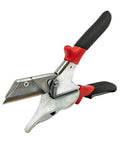 Pro Grade Molding Cutter With Replaceable Knife Blade For Clean Straight And 45 Degree Miter Cuts Cast Aluminum Tray Engraved Angle Markings Ergonomic Grip Auto Glass Molding Maker Tool For Quick Precise Installations close-up, red and black handles