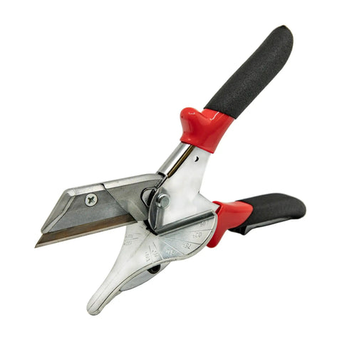 Pro Grade Molding Cutter With Replaceable Knife Blade For Clean Straight And 45 Degree Miter Cuts Cast Aluminum Tray Engraved Angle Markings Ergonomic Grip Auto Glass Molding Maker Tool For Quick Precise Installations close-up, red and black handles
