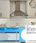 Thick Peel And Stick White Subway Tile Backsplash Kit With Ten 12 By 12 Inch Self Adhesive Tiles For Kitchen Easy Install Enhanced Coverage And Two To Two Point Five Millimeter Thickness displayed in a kitchen setting with a SGS test report.