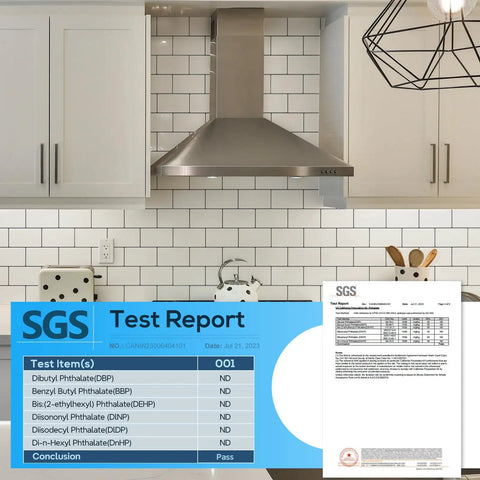 Thick Peel And Stick White Subway Tile Backsplash Kit With Ten 12 By 12 Inch Self Adhesive Tiles For Kitchen Easy Install Enhanced Coverage And Two To Two Point Five Millimeter Thickness displayed in a kitchen setting with a SGS test report.