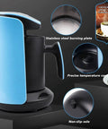Side view of Turkish Arabic Greek Coffee Pot Maker Electric Machine 110V US Plug 1 to 4 Cup Brew BPA Free in blue with controls.