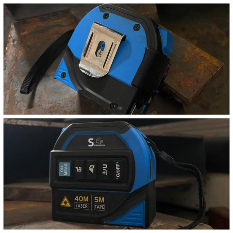 4 In 1 Laser Tape Measure With Laser Level Crosshairs, Pro Grade 130 Feet 40 Meters Distance And 16 Feet 5 Meters AutoLock Tape, Backlit LCD Display In Feet Inches Meters Millimeters, IP54 Aluminum Body For DIY Construction And Interior Design shown on steel