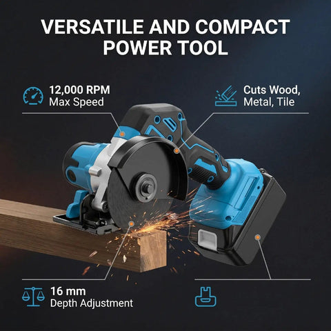 Heavy Duty Cordless Angle Grinder And Mini Circular Saw Pumping 12000 RPM For Badass Cuts Through Wood Metal Tile And Plastic on a wooden beam.