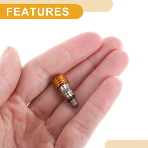 2 Pack M5x0.8 Universal Motorcycle Fork Bleeder Screws for Dirt Bikes and Motocross Air Bleeder Valve shown in hand