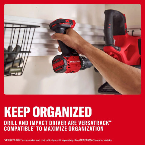 Badass 20V Cordless Drill And Impact Driver Combo Kit With Two 2Ah Lithium Batteries And Charger on Versatrack system for storage.
