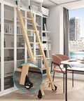 Solid Wood Retractable Library Ladder Kit with Stainless Steel Sliding Track, installed in modern home office, quiet rolling system visible