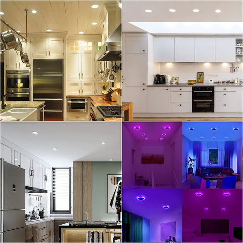4-Inch Smart Recessed LED Lights With Junction Box, RGB Color Changing Downlights in various room settings