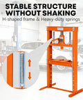 Heavy-Duty 12 Ton H Frame Shop Press For Metalworking And Auto Repairs In The Garage With Stable Floor Mount And Triangular Support Built To Handle Bearing Removal U-Joints Bending Straightening And Installing Parts, featuring H-shaped frame with springs.