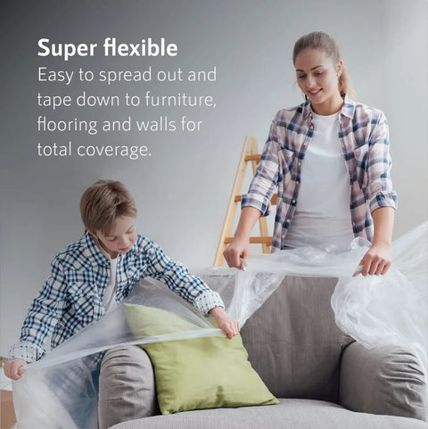 Mother and child using Bulk 30 Pack Painter Plastic Drop Cloths For Painting 9x12 Tarp Plastic Sheeting to cover a chair