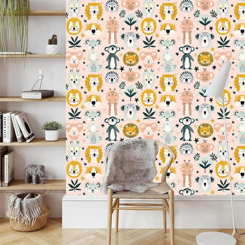 Dead Simple Peel And Stick Wallpaper Pink Safari Jungle Zoo Design Self Adhesive Vinyl Roll Removable Contact Paper For Girls Bedroom Playroom Classroom Decor Zero Mess Upgrade featuring colorful animal prints on pink background.