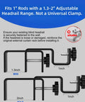 Diagram showing dimensions of outside mounted curtain rod brackets for rectangular headrails 1.3 to 2 inches fits curtain rods up to 1 inch diameter.