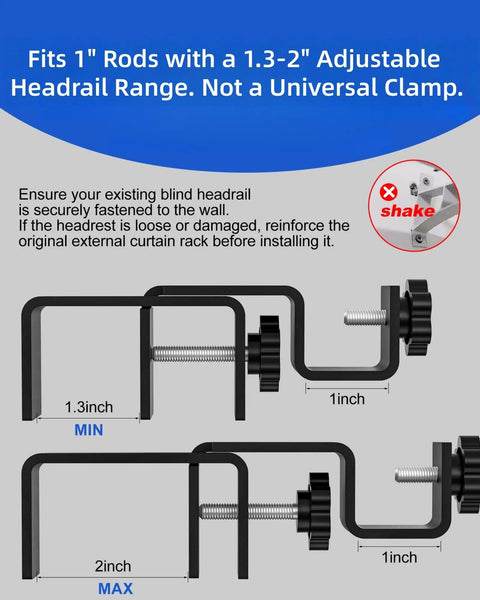 Diagram showing dimensions of outside mounted curtain rod brackets for rectangular headrails 1.3 to 2 inches fits curtain rods up to 1 inch diameter.