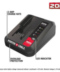 20V Max Lithium Ion Charger With 2 Amp Fast Charge And Overload Protection Compatible With All 20V Max Batteries shown with LED indicators
