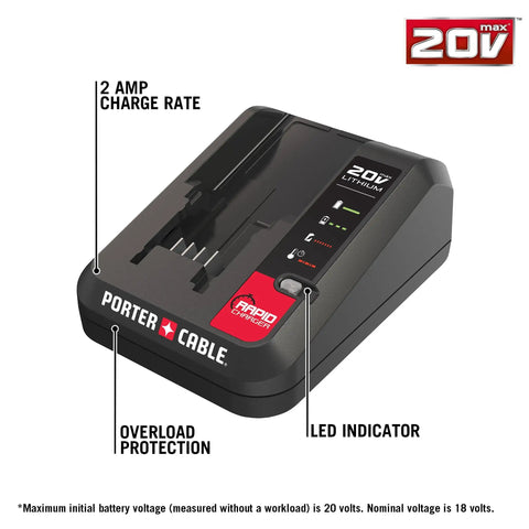 20V Max Lithium Ion Charger With 2 Amp Fast Charge And Overload Protection Compatible With All 20V Max Batteries shown with LED indicators